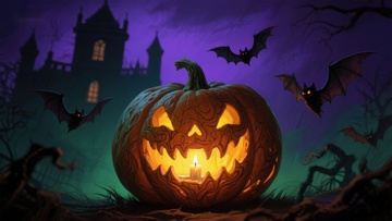 万圣节南瓜灯与飞舞蝙蝠