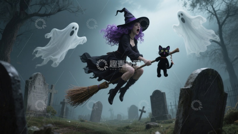 高清大图下载【趣麦麦图】女巫骑扫帚飞越墓地，幽灵伴随