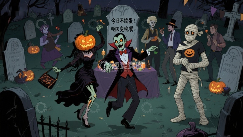 高清大图下载【趣麦麦图】万圣节墓地派对