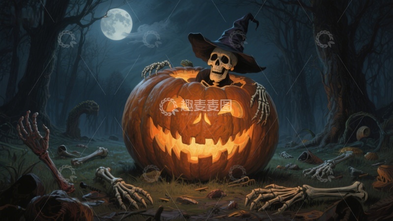 高清大图下载【趣麦麦图】万圣节南瓜灯与骷髅巫师