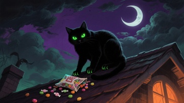 夜空下的黑猫与糖果