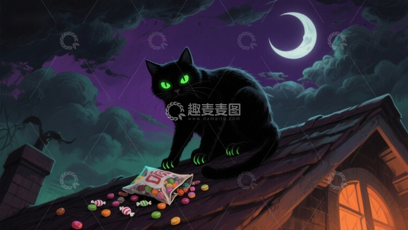 高清大图下载【趣麦麦图】夜空下的黑猫与糖果