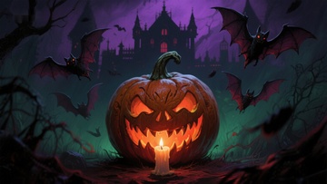 万圣节南瓜灯与飞蝠夜景