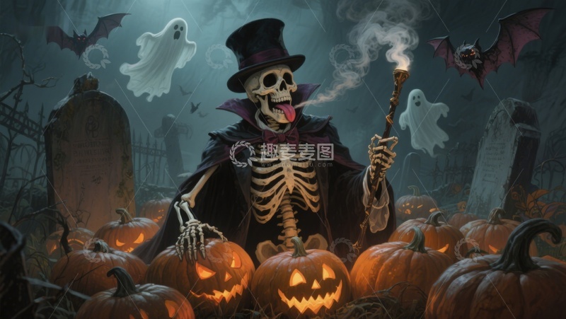 高清大图下载【趣麦麦图】骷髅巫师在万圣夜施法
