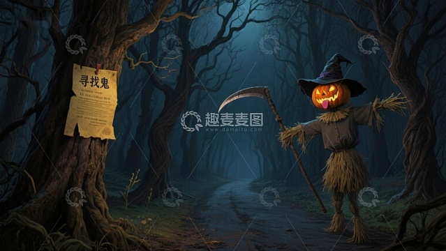 万圣节南瓜头稻草人手持镰刀