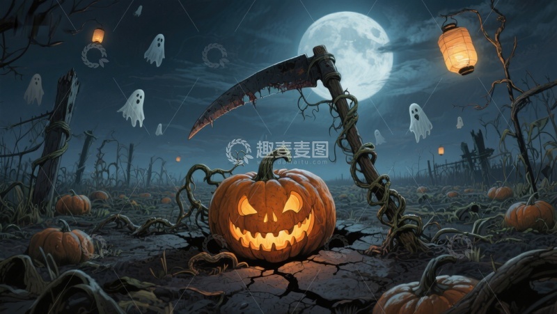 高清大图下载【趣麦麦图】万圣节南瓜与镰刀的神秘夜景