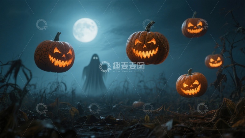 高清大图下载【趣麦麦图】月夜南瓜灯与幽灵