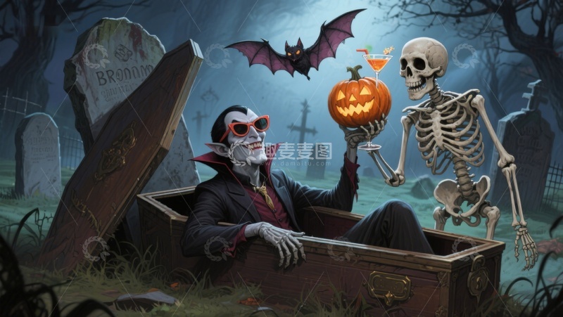 高清大图下载【趣麦麦图】墓地中的吸血鬼与骷髅共庆万圣节