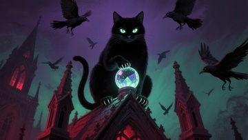 黑猫夜空俯视水晶球