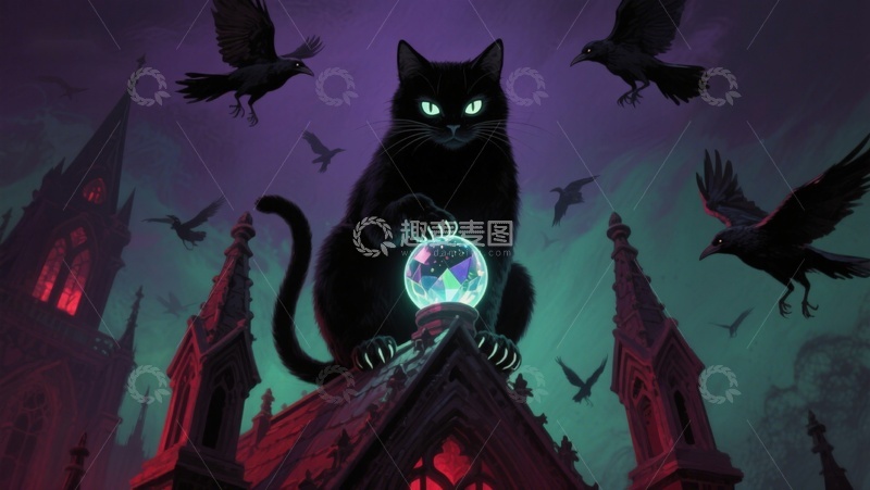 高清大图下载【趣麦麦图】黑猫夜空俯视水晶球