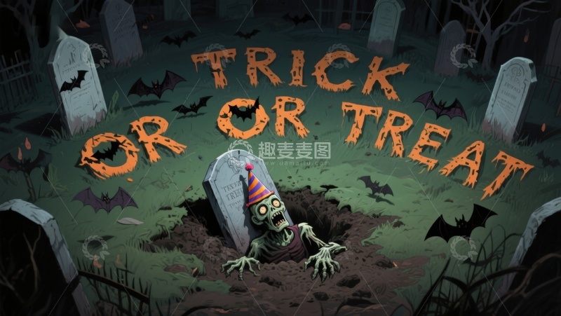 高清大图下载【趣麦麦图】万圣节墓地场景：僵尸探头，蝙蝠飞舞