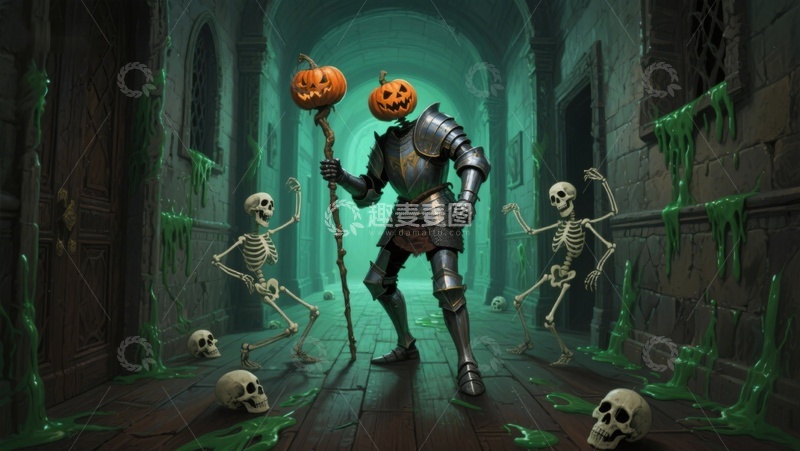高清大图下载【趣麦麦图】盔甲骑士与骷髅在幽暗走廊