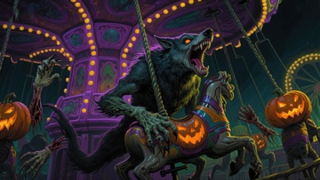 狼人骑乘木马的万圣节场景