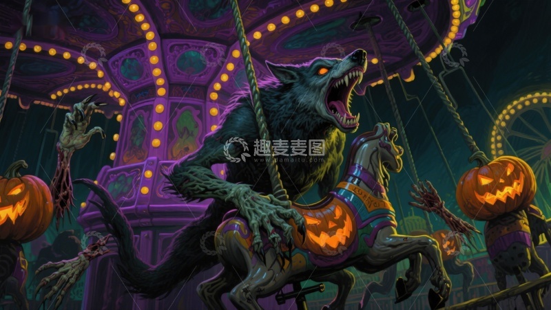 高清大图下载【趣麦麦图】狼人骑乘木马的万圣节场景