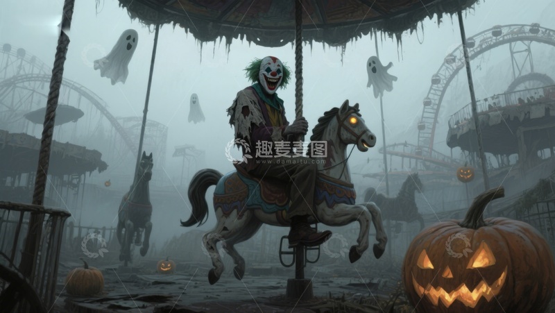 高清大图下载【趣麦麦图】幽灵嘉年华上的小丑与旋转木马