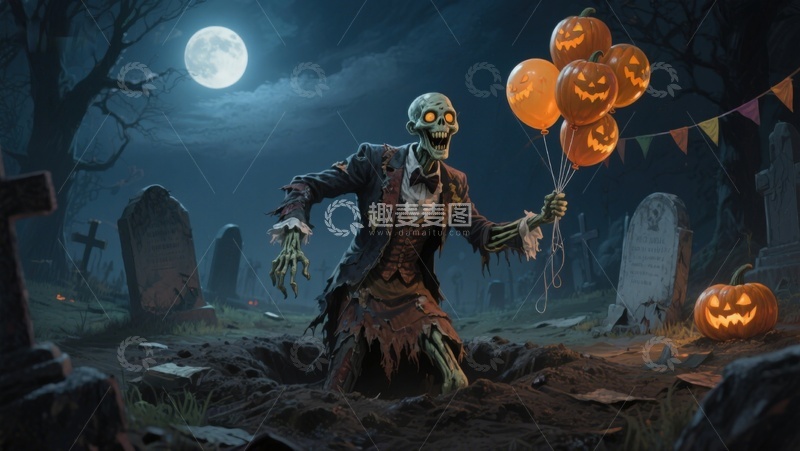 高清大图下载【趣麦麦图】月夜墓地骷髅手持南瓜灯气球