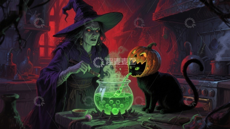 高清大图下载【趣麦麦图】女巫与黑猫在魔法厨房