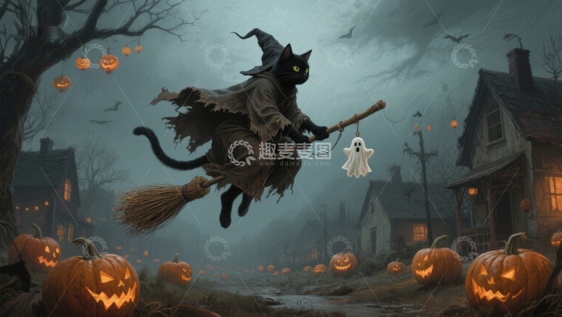 高清大图下载【趣麦麦图】万圣夜飞行的猫巫师