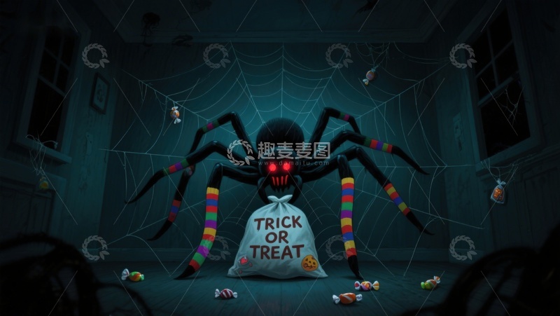高清大图下载【趣麦麦图】万圣节蜘蛛与糖果袋