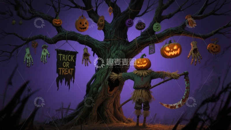 高清大图下载【趣麦麦图】万圣节树下南瓜人手持镰刀