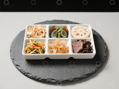 六格盘中的多样美食拼盘