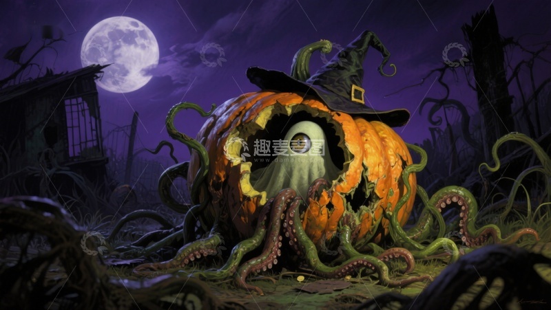 高清大图下载【趣麦麦图】-南瓜怪兽与满月夜的奇幻景象