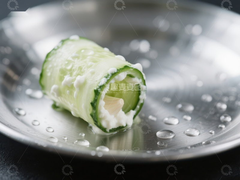 高清大图下载【趣麦麦图】黄瓜卷配奶油，置于金属盘中