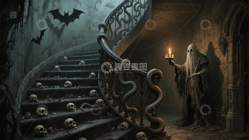 高清大图下载【趣麦麦图】幽暗古堡楼梯上的神秘身影