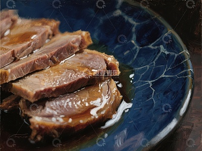 蓝盘上的酱肉切片