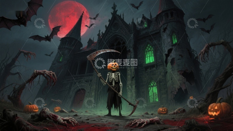 高清大图下载【趣麦麦图】万圣节夜景：南瓜骷髅与古堡