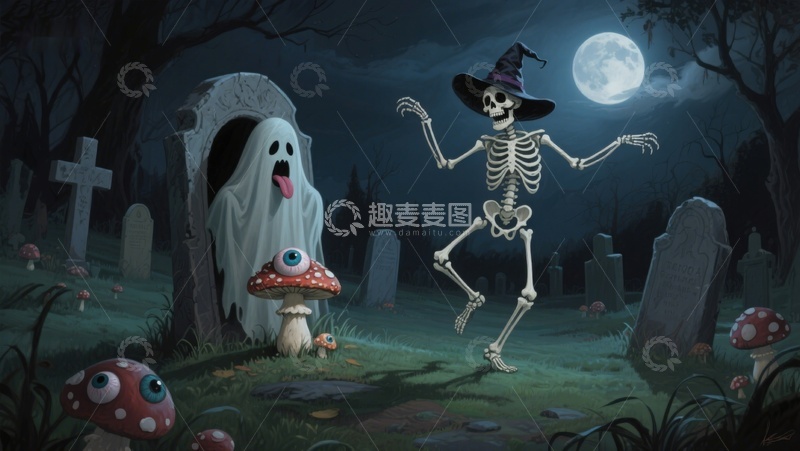 高清大图下载【趣麦麦图】月夜墓地的骷髅与幽灵