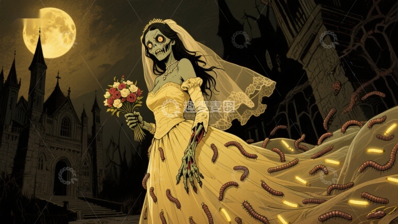 高清大图下载【趣麦麦图】-骷髅新娘月夜城堡前