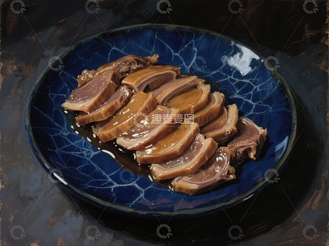 深蓝盘中的卤制肉片