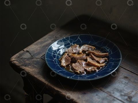 深色盘中的腌制肉片