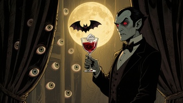 神秘人物手持酒杯，背景满月与蝙蝠