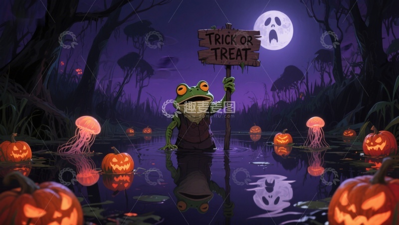 高清大图下载【趣麦麦图】青蛙手持&lsquo;不给糖就捣蛋&rsquo;标牌的万圣节夜景