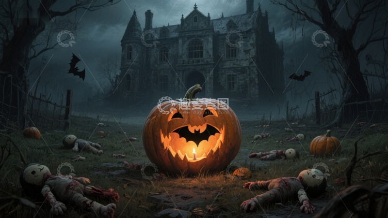 高清大图下载【趣麦麦图】幽暗古堡前的万圣节南瓜灯