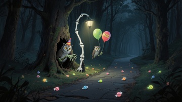 森林夜景中的猫头鹰与气球