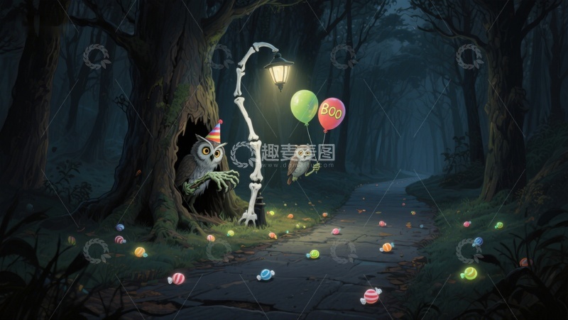 高清大图下载【趣麦麦图】-森林夜景中的猫头鹰与气球