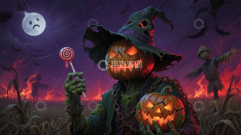 高清大图下载【趣麦麦图】南瓜头巫师手持棒棒糖，万圣节夜景