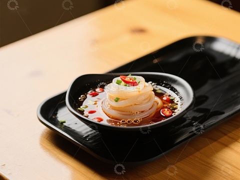 凉拌透明食材，点缀红椒与香油