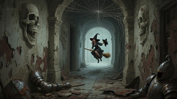 巫师飞过幽暗古堡走廊