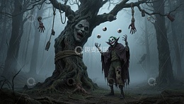 幽暗森林中的恐怖树与小丑