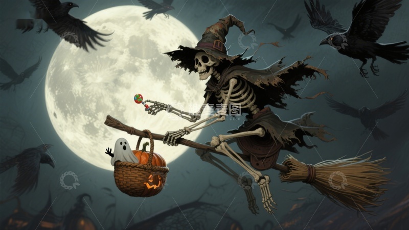 高清大图下载【趣麦麦图】骷髅巫师骑扫帚夜空飞翔