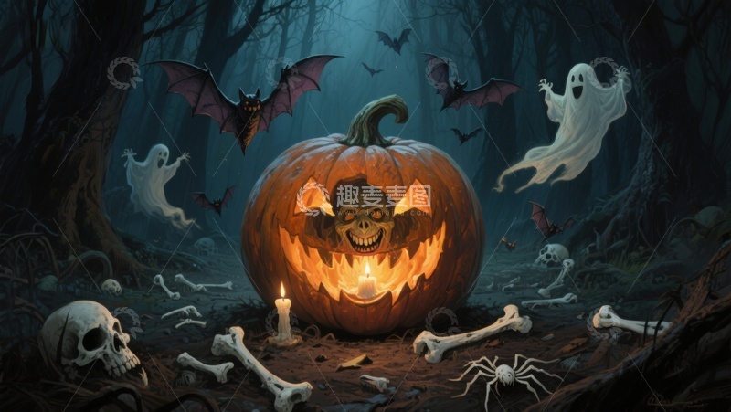 高清大图下载【趣麦麦图】万圣节森林中的南瓜灯与幽灵