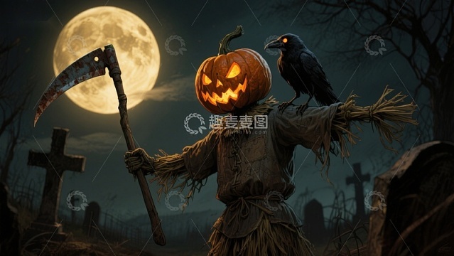 万圣节南瓜头稻草人手持镰刀