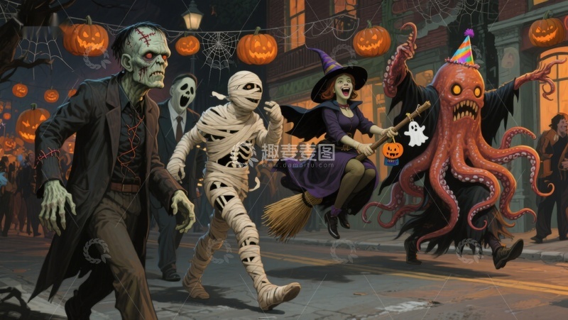 高清大图下载【趣麦麦图】万圣节怪物街头狂欢