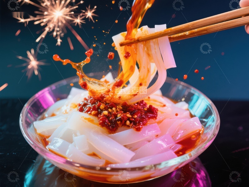 高清大图下载【趣麦麦图】麻辣凉粉被筷子夹起，火花四溅