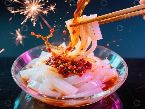 麻辣凉粉被筷子夹起，火花四溅