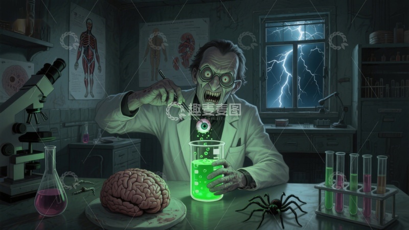 高清大图下载【趣麦麦图】疯狂科学家在实验室进行脑部实验